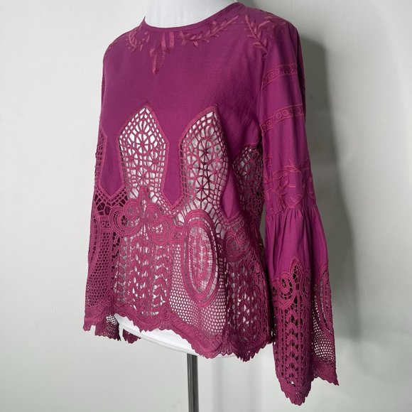 NWT Anthropologie by Chloe Oliver Women's Purple Bell-Sleeve Lace Blouse Size XS - Picture 5 of 12